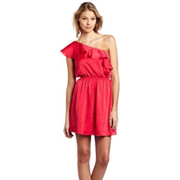 BCBGeneration One-Shoulder Ruffle Mini Dress Lollipop RED sz M EUC - Picture 10 of 10